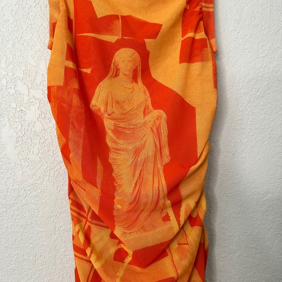 Miaou Orange Graphic Print Ruched Mock Neck Sleeveless Midi Dress Size S - Picture 5 of 6